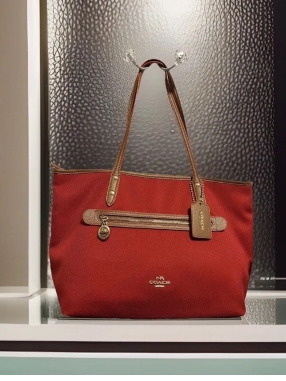 Coach Sawyer Tote F37237 Classic Red Canvas Pockets Deep Wide Orange Interior